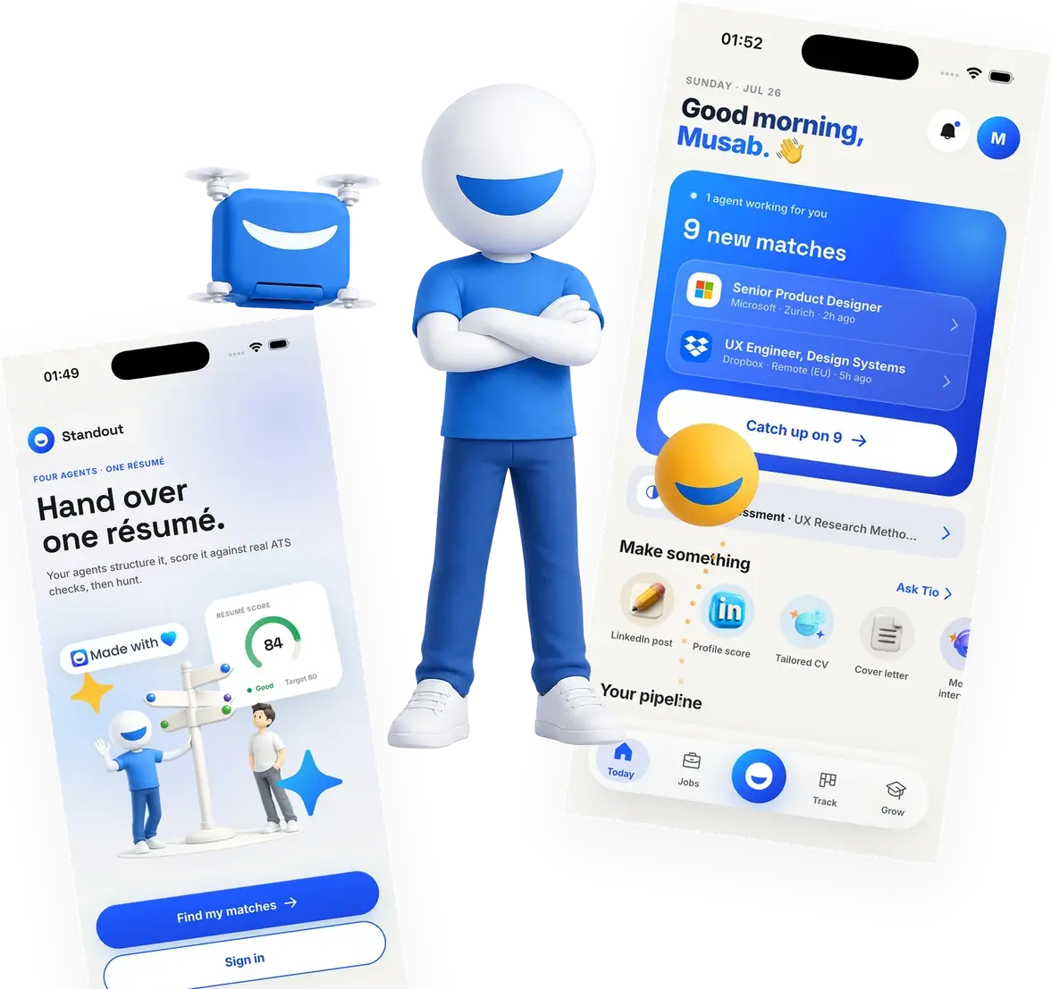 Talenlio app on two phones showing new job matches, a profile score and LinkedIn tools